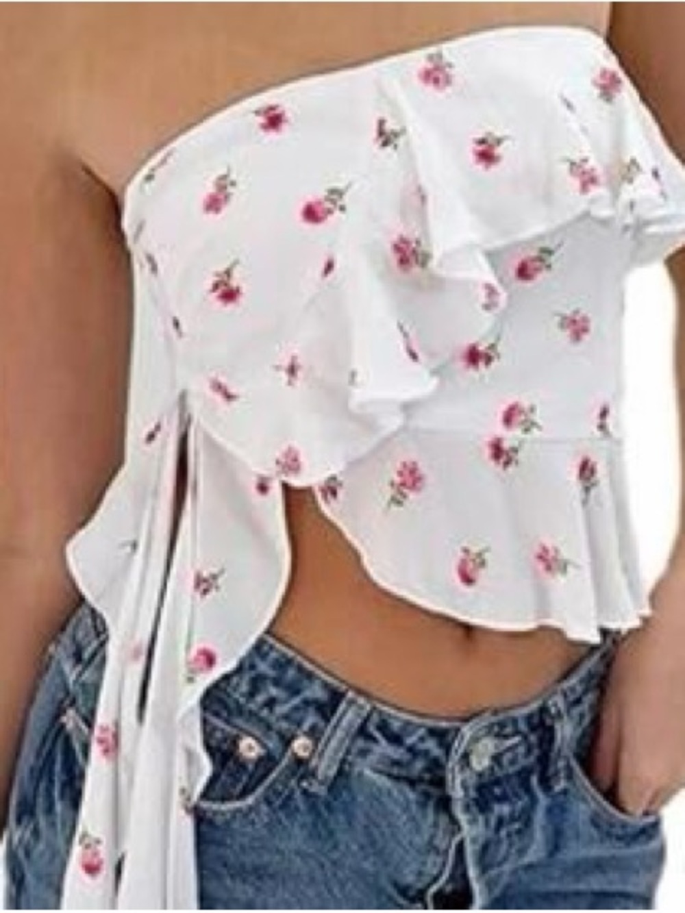 White Pink Floral Strapless Ruffle Tie Crop Top
